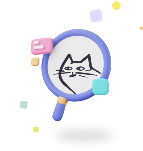 An illustration of a cat looking through a magnifying glass